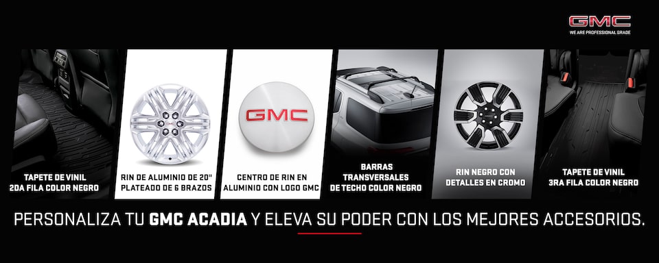 Personaliza tu GMC Acadia con todos los accesorios disponibles para esta SUV premium: Barras de techo, cargador inalámbrico, emblema GMC color negro y más.