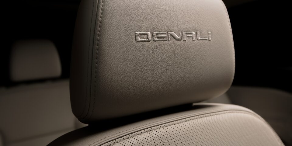 GMC Acadia 2023 con elegantes asientos de piel perforada con insignia Denali bordada