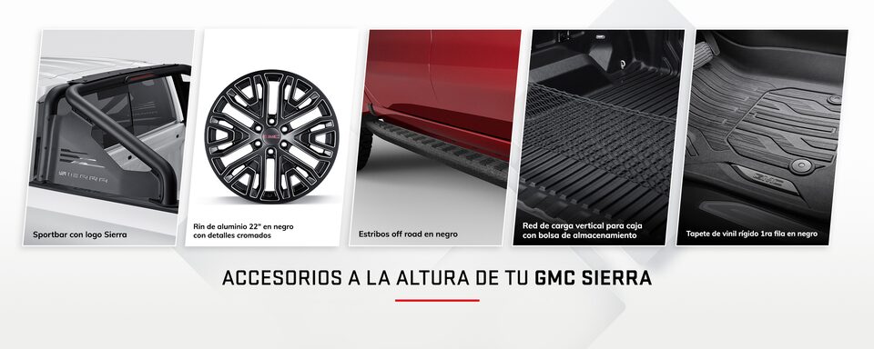 ¡Lleva a otro nivel tu pickup premium GMC Sierra! Añade accesorios como: Sportbar con logo Sierra, rin de aluminio de 22 pulgadas en negro con detalles cromados, estribos off road en negro y muchos otros más