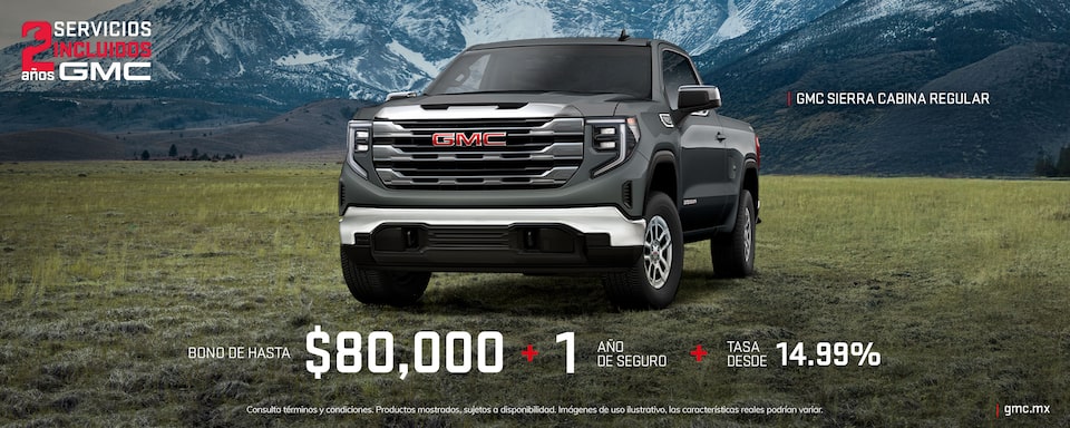 Estrena tu nueva pickup premium, GMC Sierra Cabina Regular y obtén un bono de hasta $80,000 más 1 año de seguro y tasa desde 14.99%