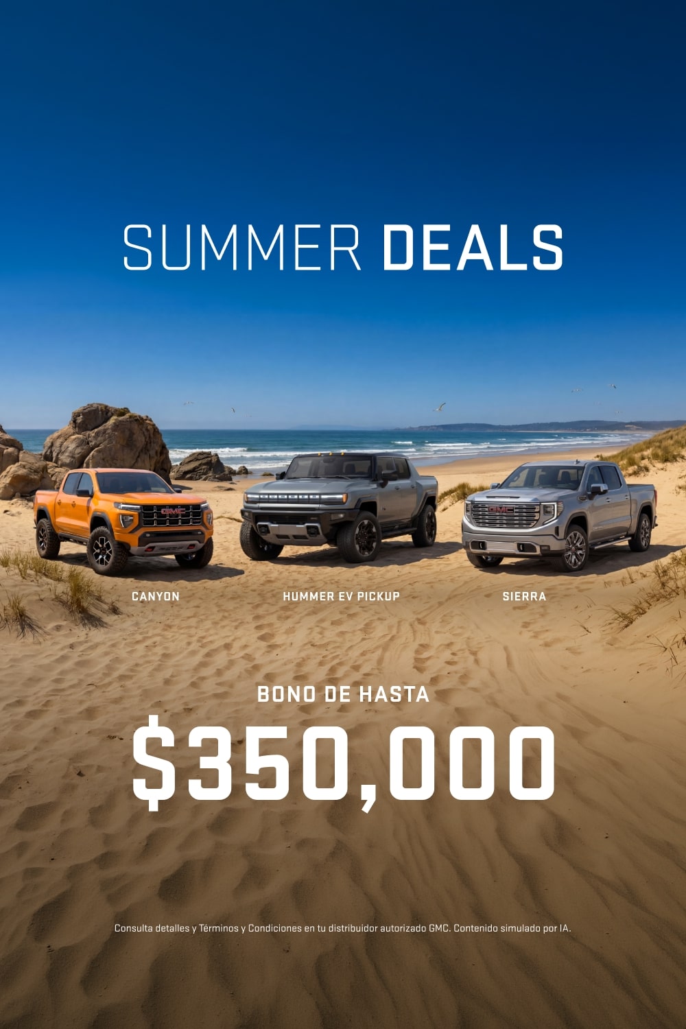 Aprovecha las mejores ofertas del verano con GMC Summer Deals: Hasta 36 meses sin intereses, 1 año de seguro incluido y 0% comisión por apertura para estrenar una pickup o SUV premium GMC
