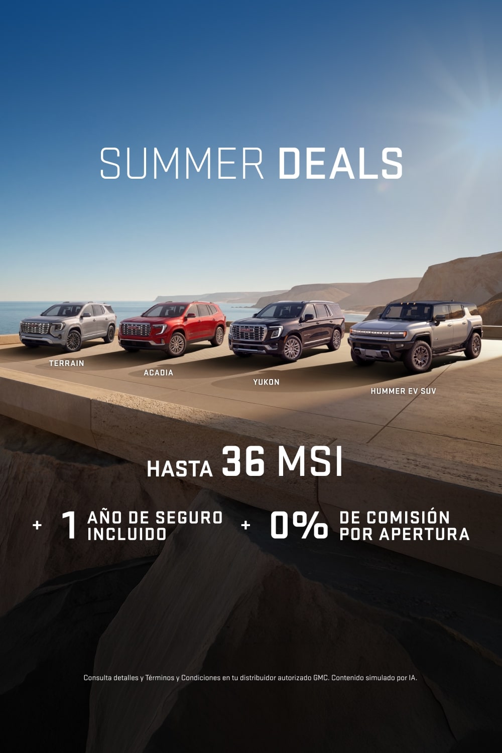 Aprovecha las mejores ofertas del verano con GMC Summer Deals: Hasta 36 meses sin intereses, 1 año de seguro incluido y 0% comisión por apertura para estrenar una pickup o SUV premium GMC