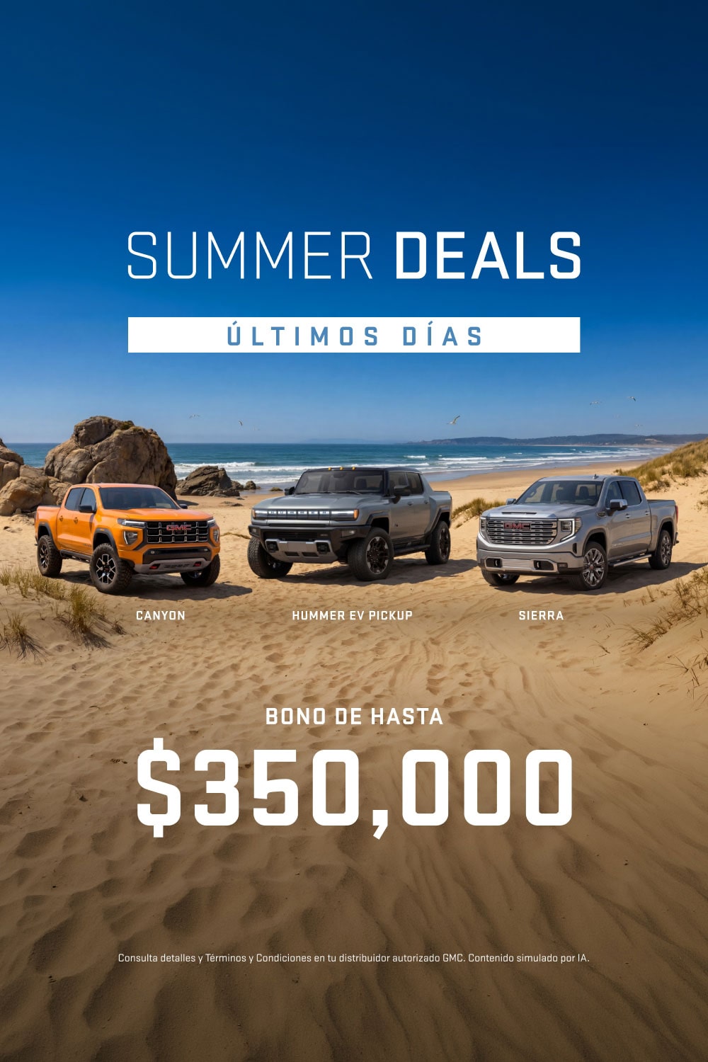 Aprovecha las mejores ofertas del verano con GMC Summer Deals: Hasta 36 meses sin intereses, 1 año de seguro incluido y 0% comisión por apertura para estrenar una pickup o SUV premium GMC
