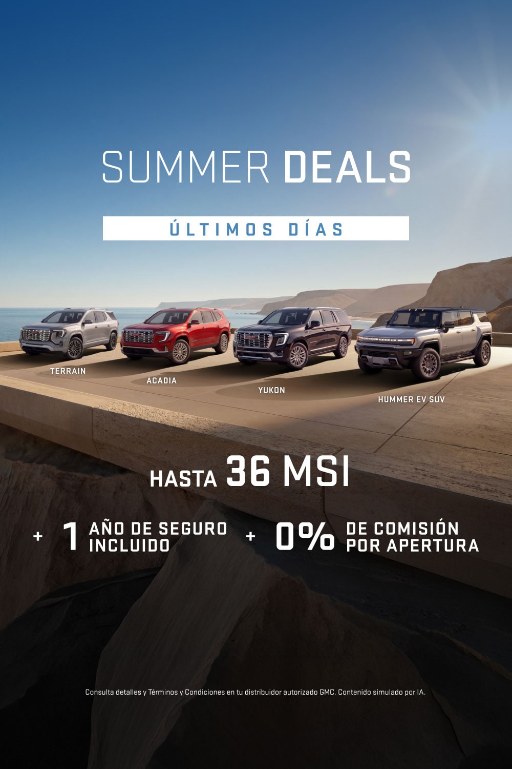 Aprovecha las mejores ofertas del verano con GMC Summer Deals: Hasta 36 meses sin intereses, 1 año de seguro incluido y 0% comisión por apertura para estrenar una pickup o SUV premium GMC
