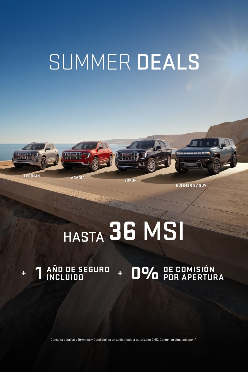 Aprovecha las mejores ofertas del verano con GMC Summer Deals: Hasta 36 meses sin intereses, 1 año de seguro incluido y 0% comisión por apertura para estrenar una pickup o SUV premium GMC