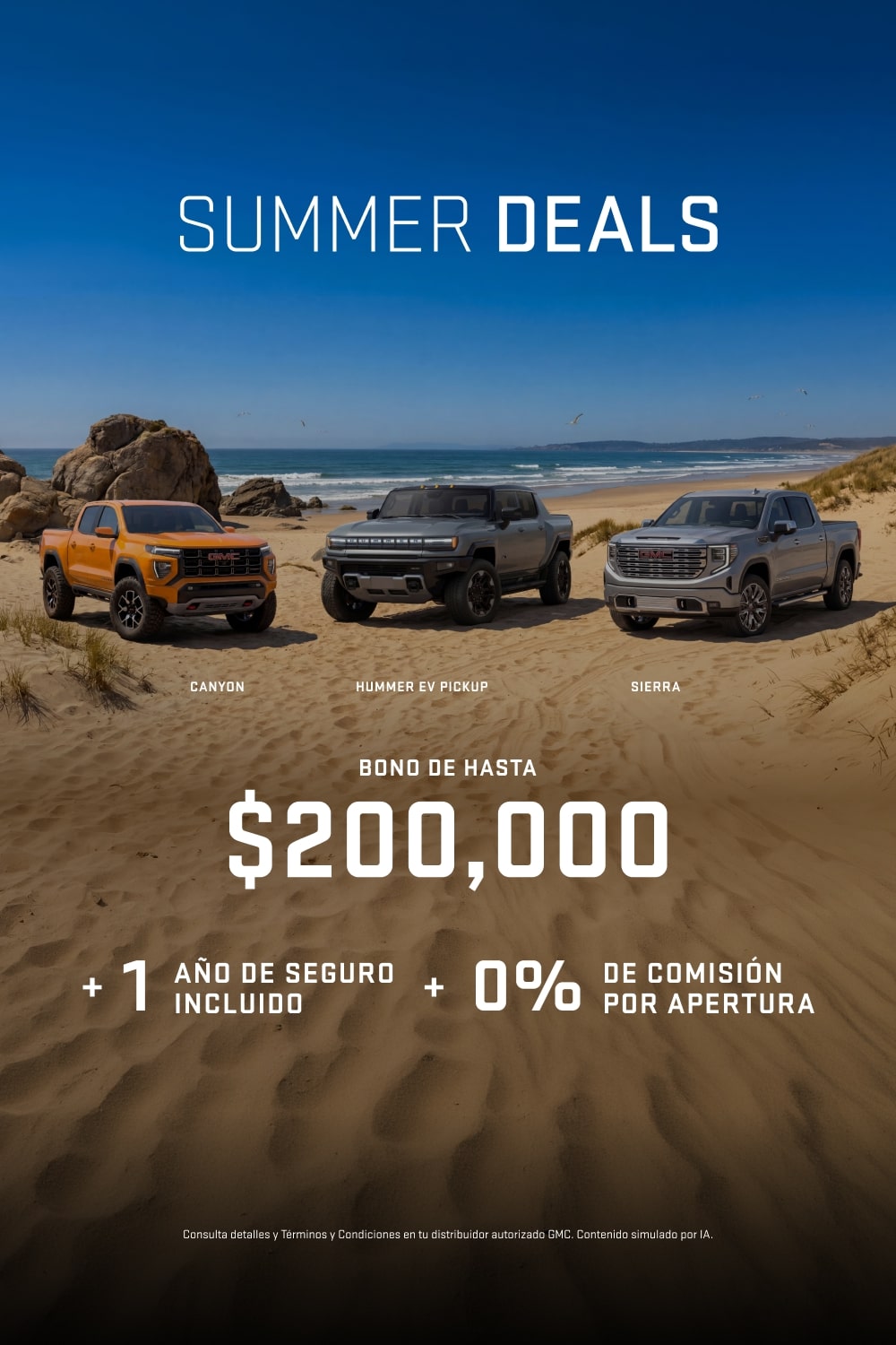 Aprovecha las mejores ofertas del verano con GMC Summer Deals: Hasta 36 meses sin intereses, 1 año de seguro incluido y 0% comisión por apertura para estrenar una pickup o SUV premium GMC