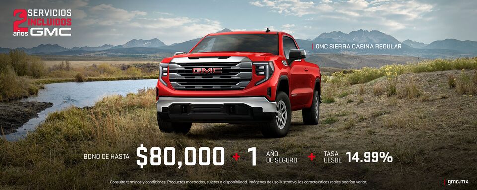 Estrena tu GMC Sierra Cabina Regular con un bono de hasta $80,000 más 1 año de seguro más tasa desde 14.99%